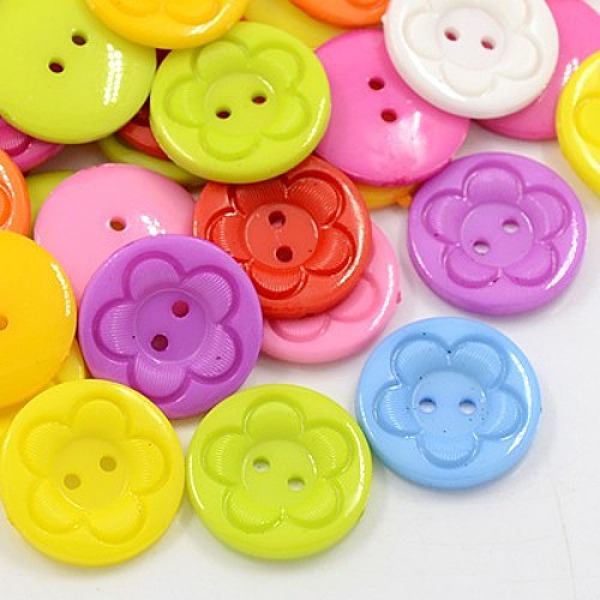 PandaHall Acrylic Sewing Buttons for Clothes Design, Plastic Buttons, 2-Hole, Dyed, Flat Round with Flower Pattern, Mixed Color, 16x3mm...