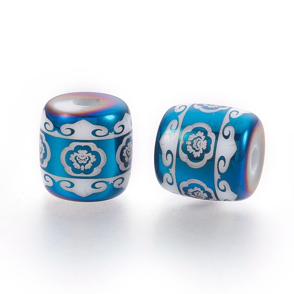 

PandaHall Electroplate Glass Beads, Barrel with Flower Pattern, Blue Plated, 12x11.5mm, Hole: 3mm, 100pcs/bag Glass Flower