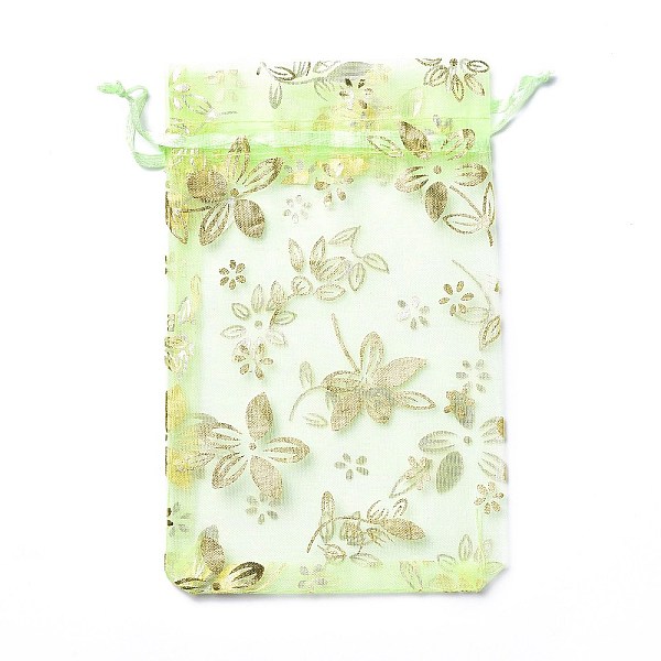 PandaHall Organza Drawstring Jewelry Pouches, Wedding Party Gift Bags, Rectangle with Gold Stamping Flower Pattern, Pale Green, 15x10x0.11cm...