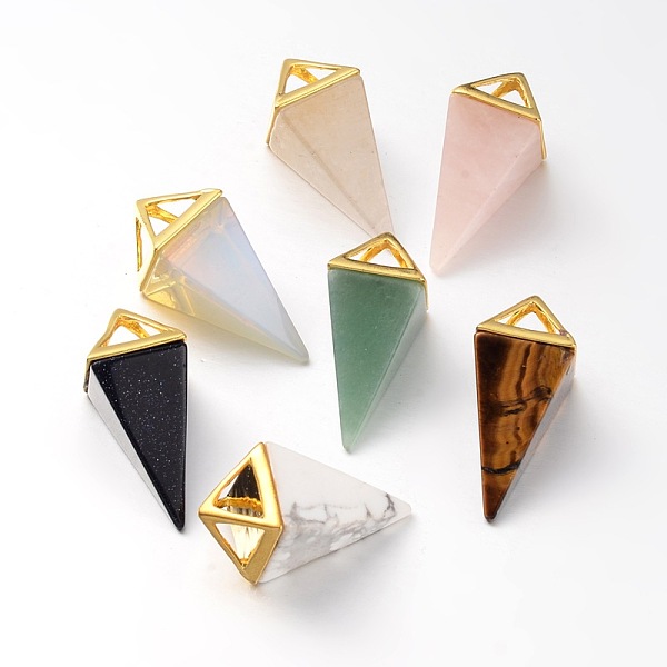 

PandaHall Natural & Synthetic Mixed Stone Point Pendulum Pendants, with Golden Plated Brass Findings, 30~34x15x15mm, Hole: 5x6mm Mixed Stone...