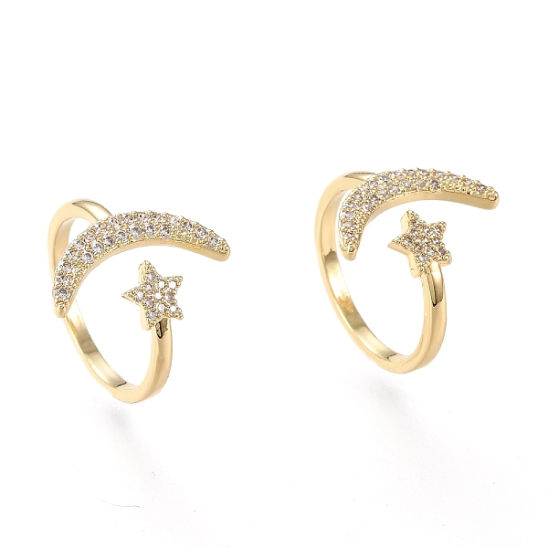 

PandaHall Brass Micro Pave Clear Cubic Zirconia Cuff Rings, Open Rings, Long-Lasting Plated, Star with Moon, Real 18K Gold Plated, Size 7...