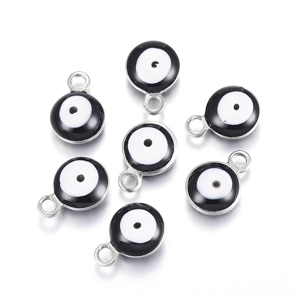 

PandaHall 304 Stainless Steel Enamel Charms, Flat Round with Evil Eye, Stainless Steel Color, Black, 8.5x6x4mm, Hole: 1mm Stainless...