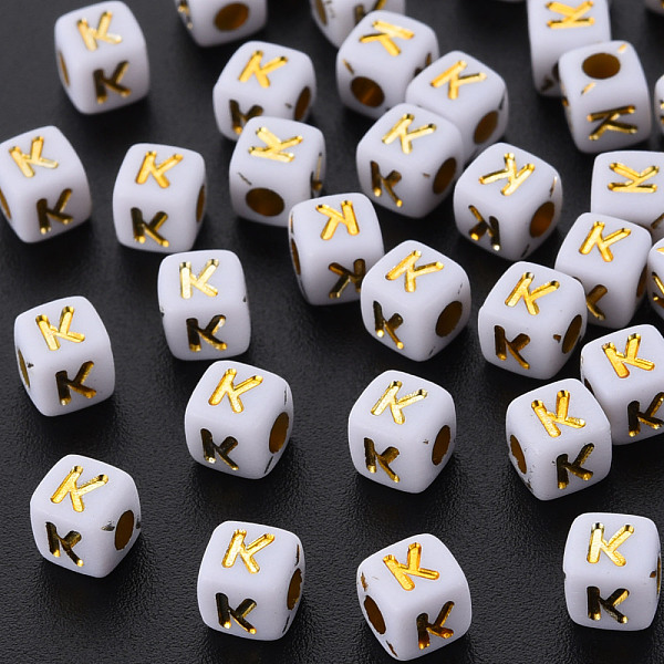 

PandaHall Opaque White Acrylic Beads, Metal Enlaced, Cube with Letters, Letter.K, 4.5mm, Hole: 2mm, about 500pcs/50g Acrylic Cube White