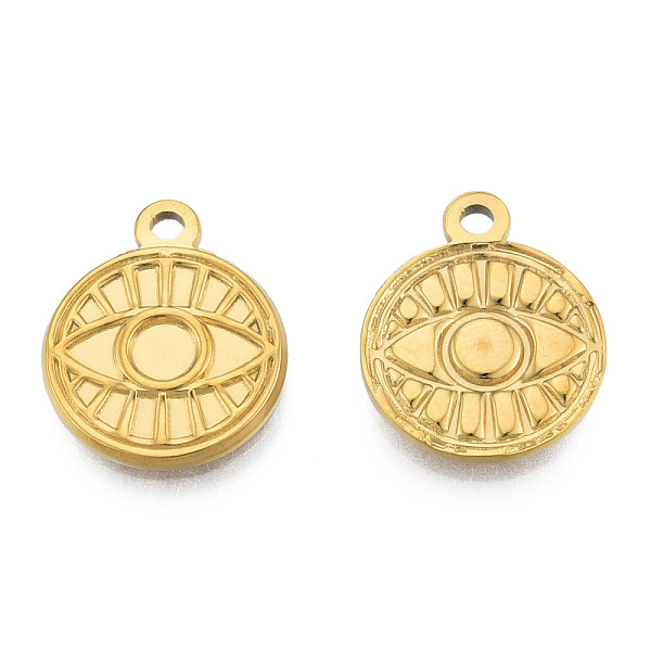 

PandaHall Ion Plating(IP) 201 Stainless Steel Pendants, Flat Round with Eye, Real 18K Gold Plated, 19x15x2mm, Hole: 1.8mm 201 Stainless...