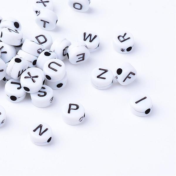 Craft Acrylic Horizontal Hole Letter Beads, Flat Round, Black, Letter, 6-7x3.5-4mm, Hole: 2mm, about 3600pcs/500g