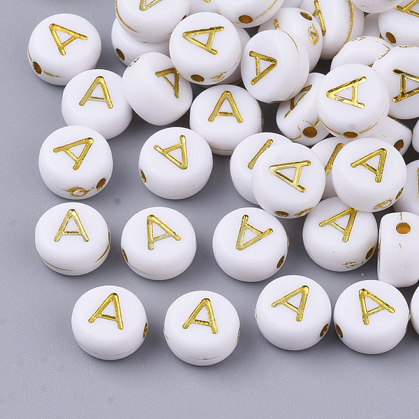 

PandaHall Plating Acrylic Beads, Golden Metal Enlaced, Horizontal Hole, Flat Round with Alphabet, White, Letter.A, 7x3.5mm, Hole: 1.2mm...