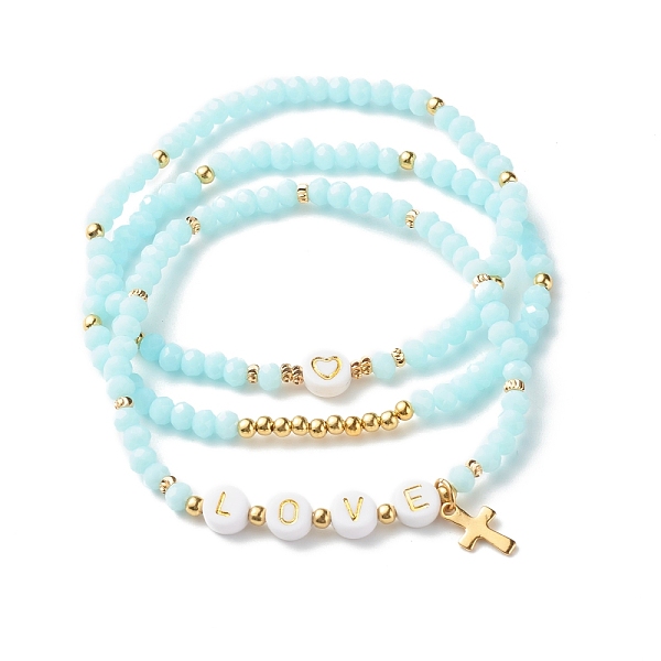 

PandaHall Glass Beads Stretch Bracelets Sets, with Acrylic & Brass Beads, 304 Stainless Steel Cross Charms, Love, Light Sky Blue, Inner...