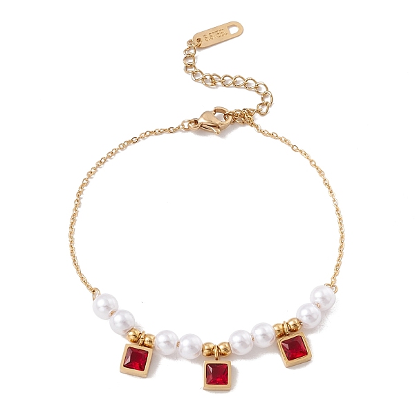 

PandaHall Square Cubic Zirconia Charm Bracelet with Acrylic Pearl, Gold Plated 304 Stainless Steel Jewelry for Women, Red, 6-3/4 inch(17cm)...