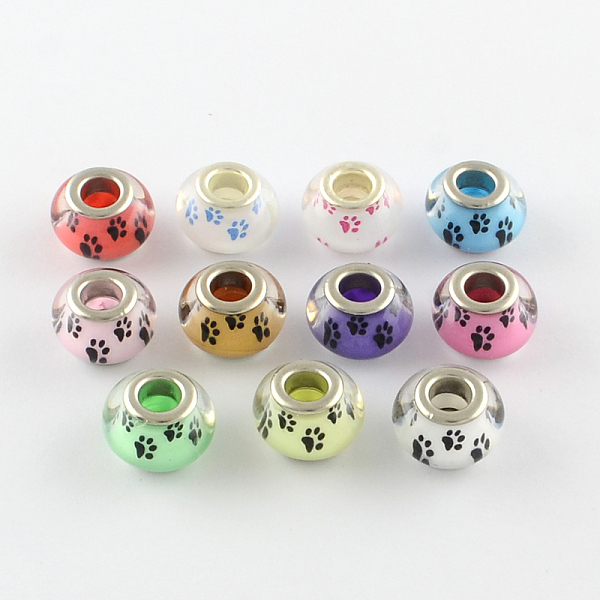 Large Hole Dog Paw Prints Pattern Resin European Beads, with Silver Color Plated Brass Double Cores, Rondelle, Mixed Color, 14x9-10mm, Hole: 5mm