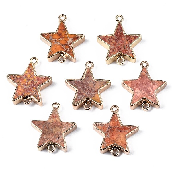 

PandaHall Natural Imperial Jasper Links Connectors, with Golden Iron Loop and Edge, Dyed, Star, Goldenrod, 24x20~21x6~7mm, Hole: 1.6mm..., Gold
