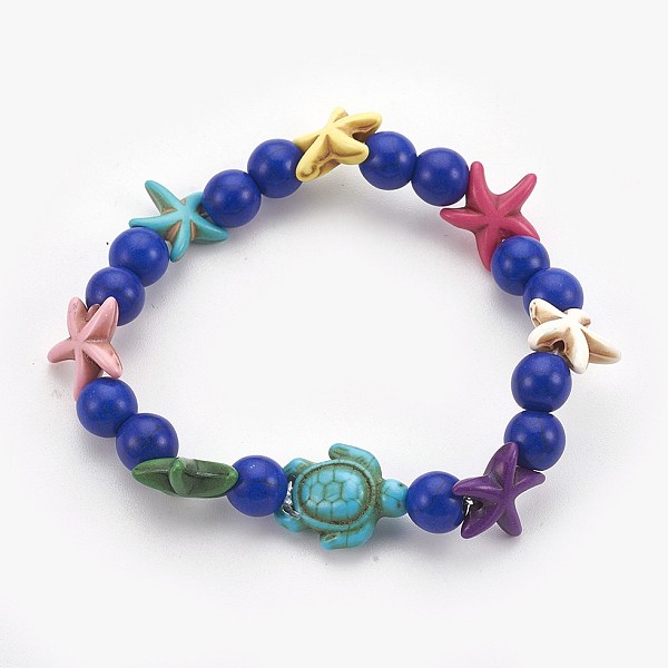 

PandaHall Synthetic Turquoise(Dyed) Beads Kids Stretch Bracelets, Sea Turtle & Starfish/Sea Stars & Round, Blue, 2-1/8 inch(5.5cm) Synthetic...