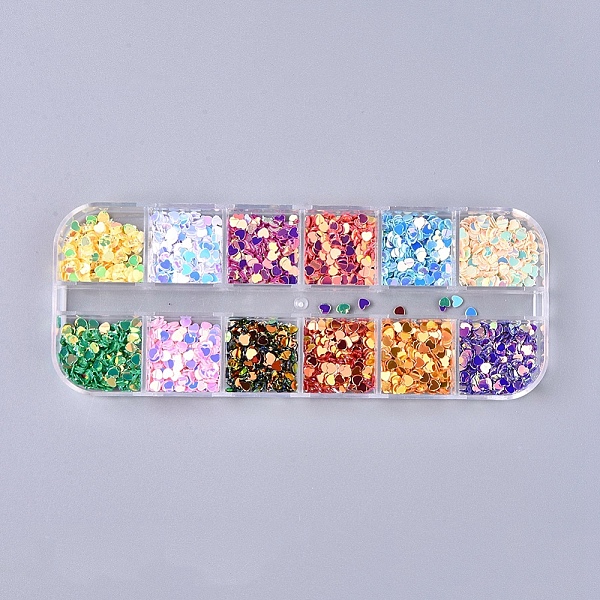 PandaHall 12 Colors Laser Shining Nail Art Glitter, Manicure Sequins, DIY Sparkly Paillette Tips Nail, Packing Box, Heart, Mixed Color...