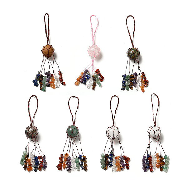 

PandaHall Natural & Synthetic Gemstone Round Pendant Decorations, Chakra Gemstone Chips Nylon Cord Hanging Ornament, 205mm Mixed Stone Round