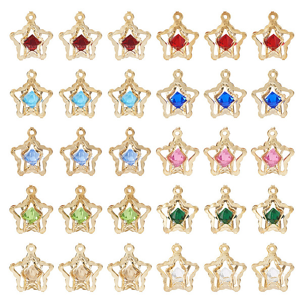 

PandaHall 50Pcs 10 Colors Rhinestone Pendants, with Light Gold Iron Findings, Star Charms, Mixed Color, 16x14x10~11mm, Hole: 1~1.2mm..., Multicolor