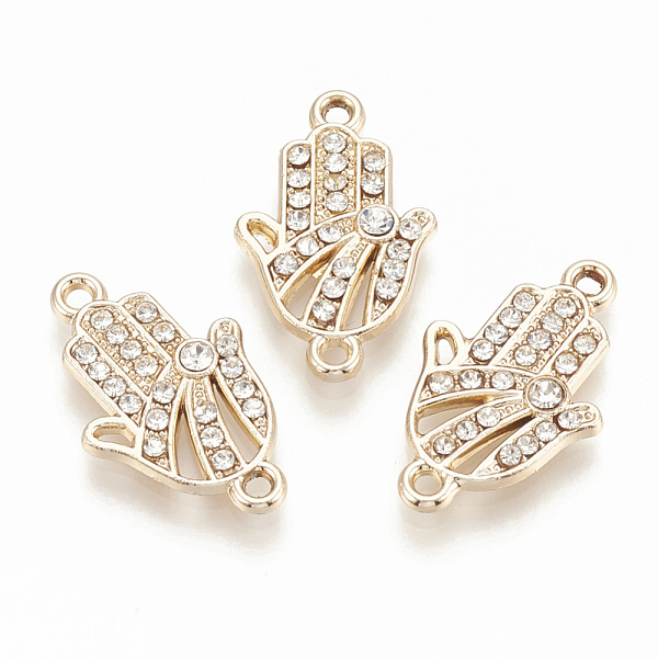 

PandaHall Alloy Rhinestone Links connectors, Hamsa Hand/Hand of Fatima /Hand of Miriam, Light Gold, 22.5x13.5x2mm, Hole: 1.5mm..., Clear