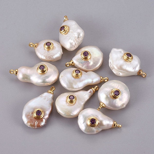 

PandaHall Natural Cultured Freshwater Pearl Pendants, with Brass Micro Pave Cubic Zirconia Cabochons, Long-Lasting Plated, Real 18K Gold..., Purple