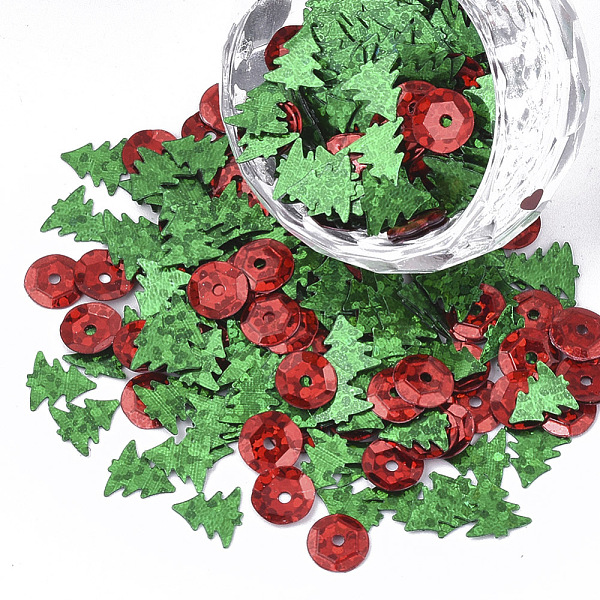 

PandaHall Christmas Ornament Accessories, PVC Plastic Paillette/Sequins Beads, Double Face Laser Bright Flake, Flat Round & Christmas Tree..., Multicolor