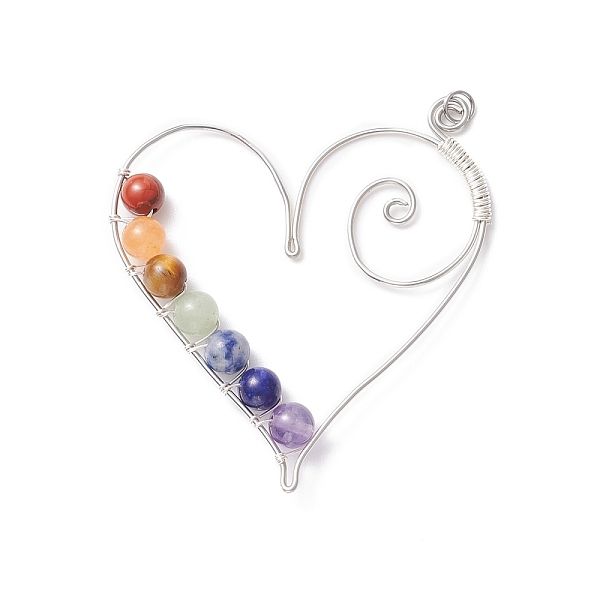 

PandaHall Natural Gemstone Beaded Big Pendants, with Copper Jewelry Wire, Heart, Chakra, 62x55x5.5mm, Hole: 3.4mm Mixed Stone Heart