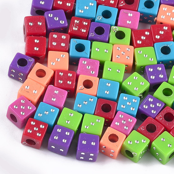 

PandaHall Plating Acrylic Beads, Metal Enlaced, Dice, Mixed Color, 6x6x6mm, Hole: 2.5mm, about 210pcs/50g Acrylic Cube Multicolor