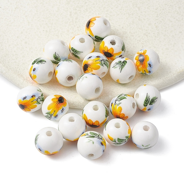 

PandaHall Handmade Porcelain Beads, Round with Sunflower Pattern, Yellow, 12mm, Hole: 2mm Porcelain Round Yellow
