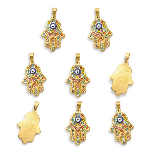 

PandaHall Vacuum Plating 201 Stainless Steel Pendants, with Rhinestone and Enamel, Hamsa Hand with Eye, Golden, 38x25.5x4mm, Hole: 5x9mm..., Multicolor