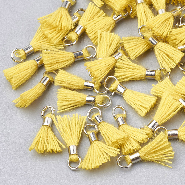 

PandaHall Polycotton(Polyester Cotton) Tassel Pendant Decorations, Mini Tassel, with Brass Findings, Platinum, Yellow, 10~15x3~4mm, Hole...