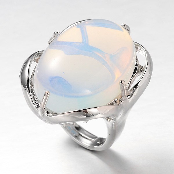 

PandaHall Adjustable Oval Brass Opalite Wide Band Rings, 17mm, Tray: 28x22mm Opalite