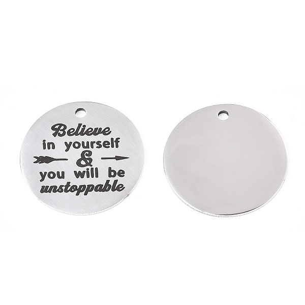 

PandaHall 201 Stainless Steel Pendants, Flat Round with Word Believe in Yourself, Stainless Steel Color, 30x1.5mm, Hole: 2mm 201 Stainless...