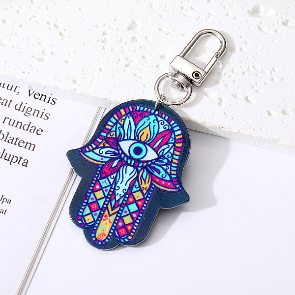 

PandaHall Retro Ethnic Tribal Style Alloy Pendant Decoration, Painted Hamsa Hand with Evil Eye, Marine Blue, 8.8x4.5cm Alloy Hamsa Hand