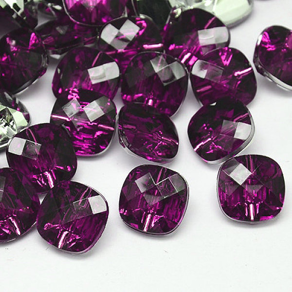 PandaHall Taiwan Acrylic Rhinestone Buttons, Faceted, 1-Hole, Square, Purple, 28x28x11mm, Hole: 2mm Acrylic Rhinestone Square Purple