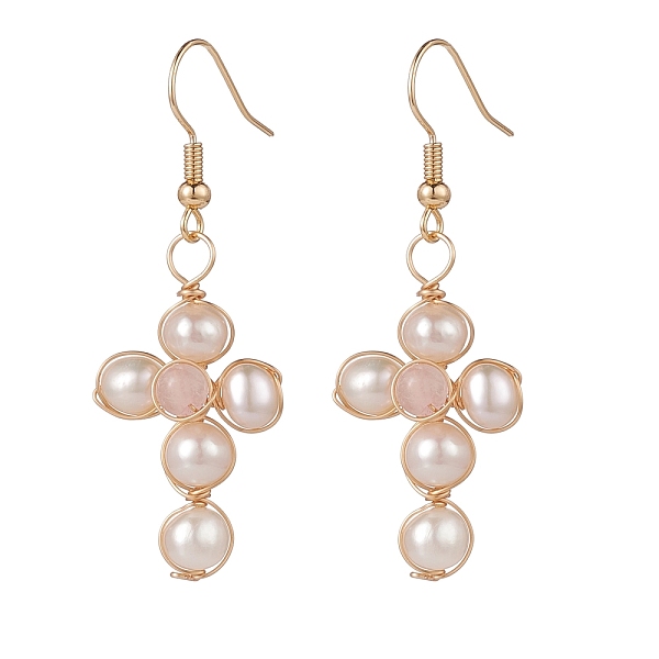 

PandaHall Natural Shell & Rose Quartz Braided Cross Dangle Earrings, Gold Plated Brass Wire Wrap Jewelry for Women, 50mm, Pin: 0.6mm Rose...
