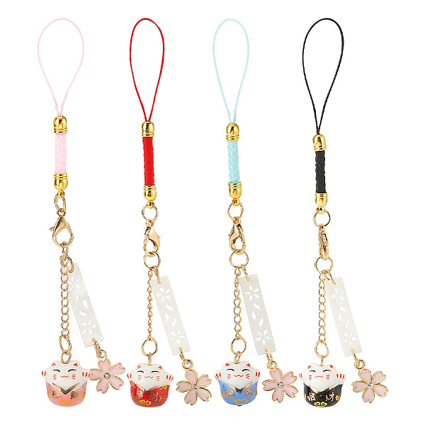 GOMAKERER 4Pcs 4 Colors Japanese Style Porcelain Lucky Cat & Sakura Alloy Enamel Mobile Straps, Polyester Cord Mobile Accessories Decoration, Mixed Color, 14.5cm, 1pc/color