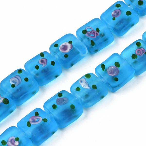 PandaHall Handmade Frosted Lampwork Beads Strands, Square with Flower, Deep Sky Blue, 13~14.5x12~13x7~9mm, Hole: 1.5mm, about 35pcs/strand...