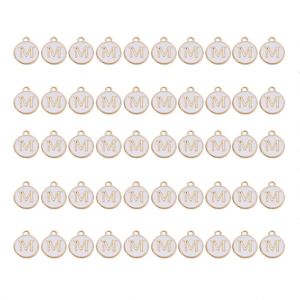 

PandaHall Golden Plated Alloy Charms, with Enamel, Enamelled Sequins, Flat Round, White, Letter.M, 14x12x2mm, Hole: 1.5mm, 50pcs/Box...