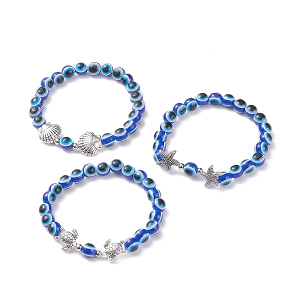 

PandaHall 3Pcs 3 Style Evil Eye Resin Beaded Stretch Bracelets Set with Sea Turtle & Starfish & Shell for Women, Antique Silver, Blue, Inner...