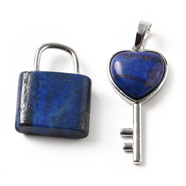 

PandaHall Natural Lapis Lazuli Pendants, with Platinum Tone Brass Findings, Key & Lock, 27~36.5x17~19.5x6.5~7mm, Hole: 8~9x5~9mm Lapis...