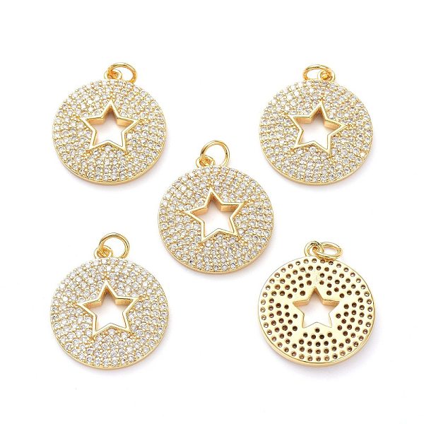 

PandaHall Brass Micro Pave Clear Cubic Zirconia Pendants, with Jump Ring, Long-Lasting Plated, Flat Round with Hollow Out Star, Real 18K...