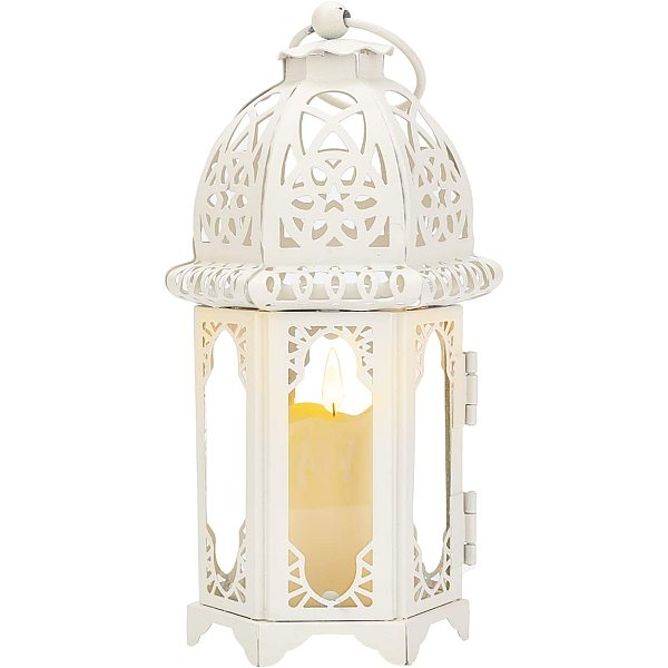 PandaHall White Decorative Lanterns 7.4 inch Hollow Metal Glass Candle Holder Lantern for Indoor Outdoor Events Parties Weddings Home Patio...