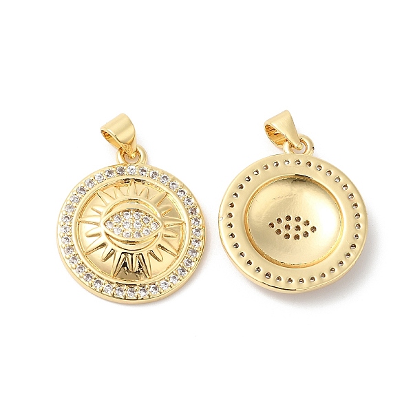 

PandaHall Brass Micro Pave Clear Cubic Zirconia Pendants, Flat Round with Eye Charms, Real 16K Gold Plated, 23x19.5x4mm, Hole: 4x3.5mm...