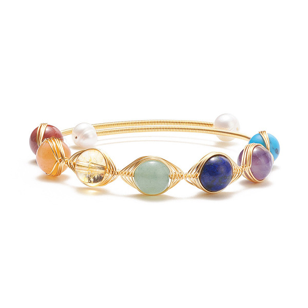 

PandaHall Mixed Stone & Natural Pearl Beads Wire Wrapped Cuff Bangle, 7 Chakra Open Torque Bangle for Women, Golden, Inner Diameter: 2 inch...