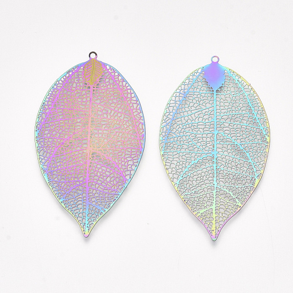 

PandaHall Ion Plating(IP) 304 Stainless Steel Filigree Big Pendants, Etched Metal Embellishments, Leaf, Rainbow Color, 60x33x0.2mm, Hole...