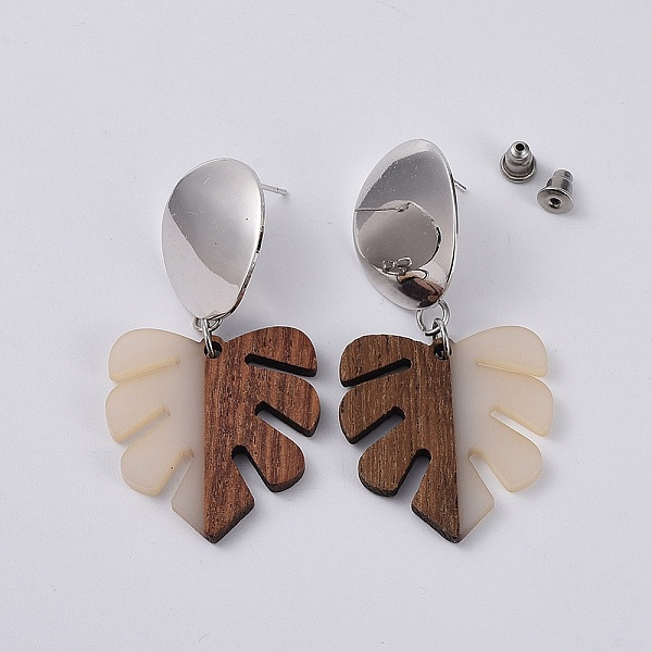 

PandaHall Ear Studs, with 304 Stainless Steel Findings, Brass Findings and Resin & Wood Pendants, Tropical Leaf Charms, Monstera Leaf, Beige..., Yellow