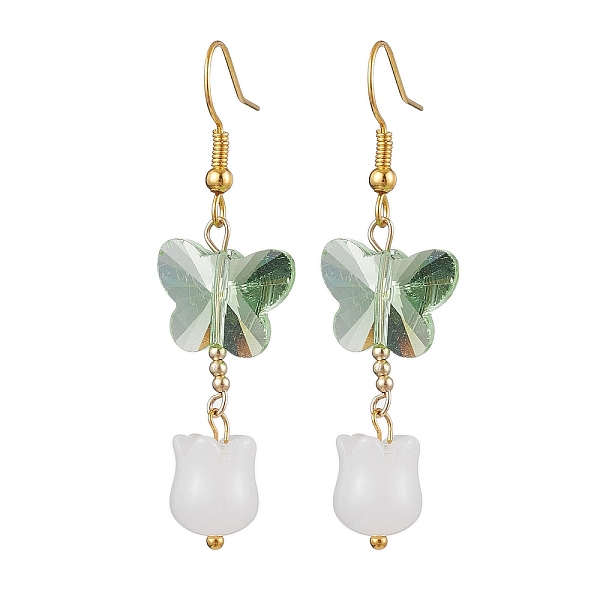 

PandaHall Butterfly Transparent Glass with Natural White Jade Dangle Earrings, Dark Sea Green, 53x15mm Glass Butterfly