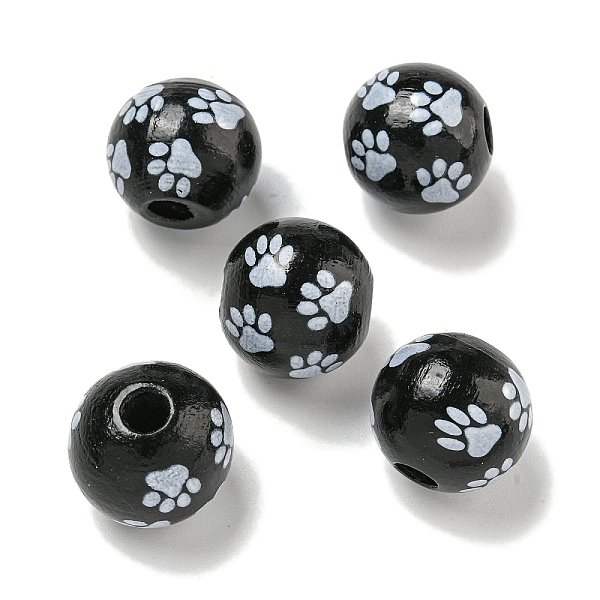 

PandaHall Printed Wood European Beads, Round with Paw Print Pattern, Black, 15.5~16mm, Hole: 4~4.5mm Wood Round Black