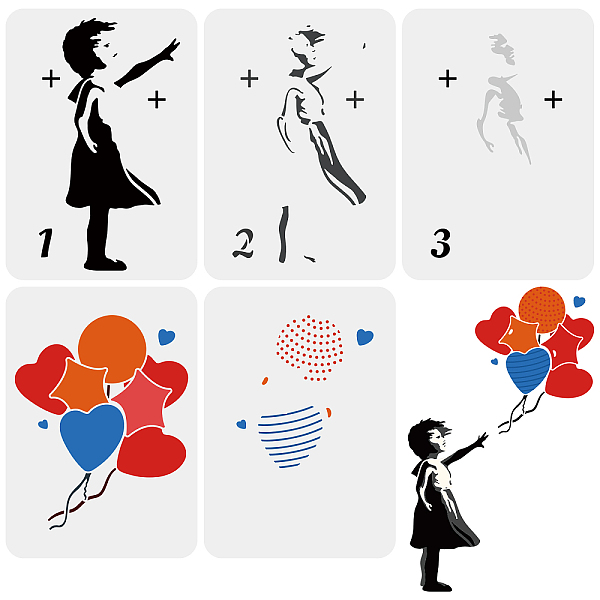 PandaHall FINGERINSPIRE 5 PCS Banksy Stencil Layered Design 29.7x21cm Reusable Layered The Human with a Balloon Drawing Stencil Banksy...