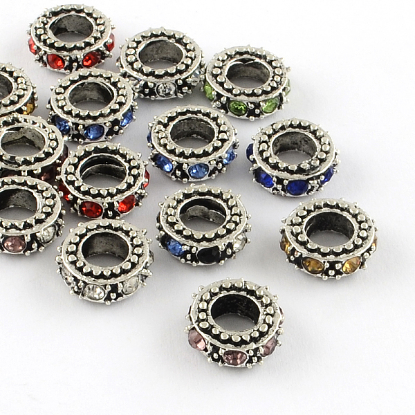 

PandaHall Antique Silver Plated Alloy Rhinestone Donut Large Hole European Beads, Mixed Color, 11x4.5mm, Hole: 5mm Alloy+Rhinestone Donut..., Multicolor