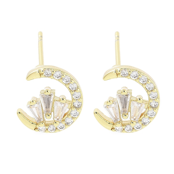 

PandaHall Brass Pave Clear Cubic Zirconia Stud Earring, Moon, Real 18K Gold Plated, 10x9.5mm Brass Moon Clear