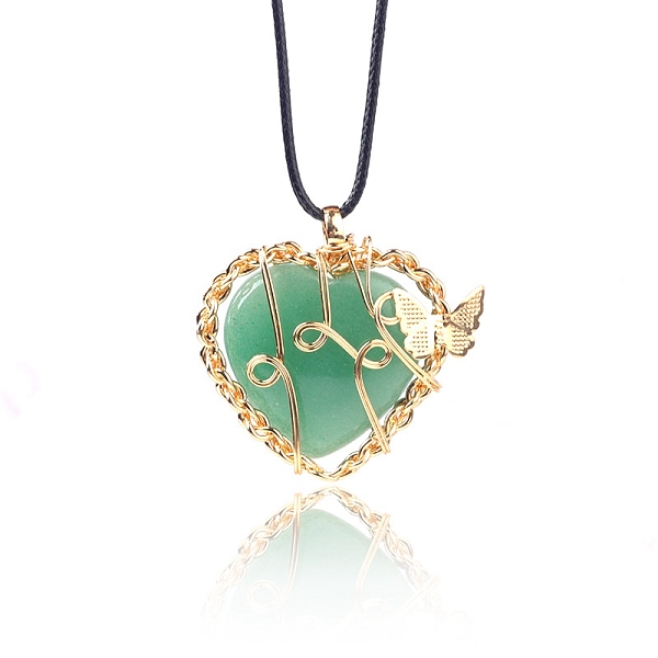 

PandaHall Natural Green Aventurine Metal Wire Wrapped Heart Pendants, Golden Plated Butterfly Charms, 42x37mm Green Aventurine Heart