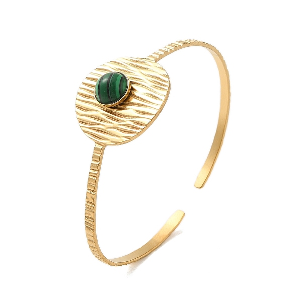 

PandaHall 304 Stainless Steel Open Cuff Bangles, with Synthetic Malachite, Jewely Textured Bangles for Women, Real 18K Gold Plated, Round...