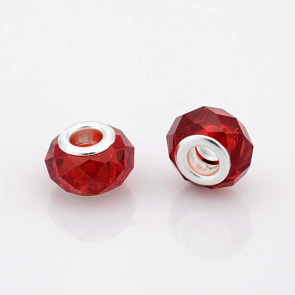 

PandaHall Faceted Glass European Beads, Large Hole Rondelle Beads, with Silver Color Plated Brass Cores, Red, 14x9mm, Hole: 5mm Glass+Brass...